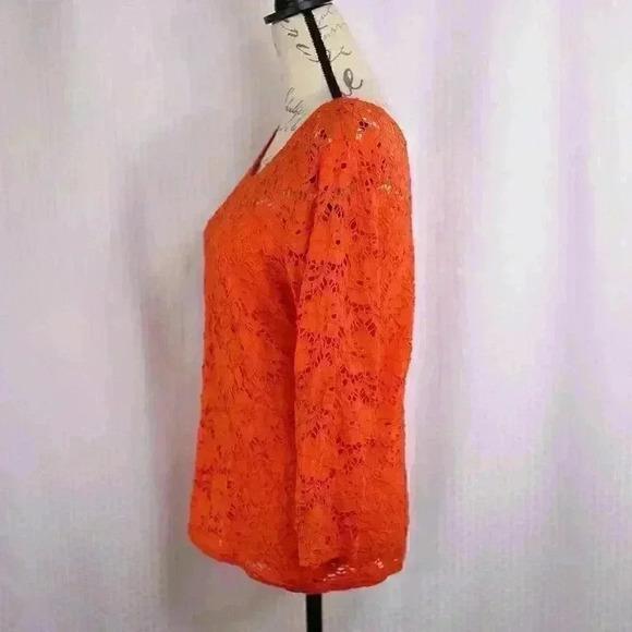 Women's Size L Peck & Peck Weekend Orange floral eyelet 3/4 sleeve top Vintage - Picture 5 of 11
